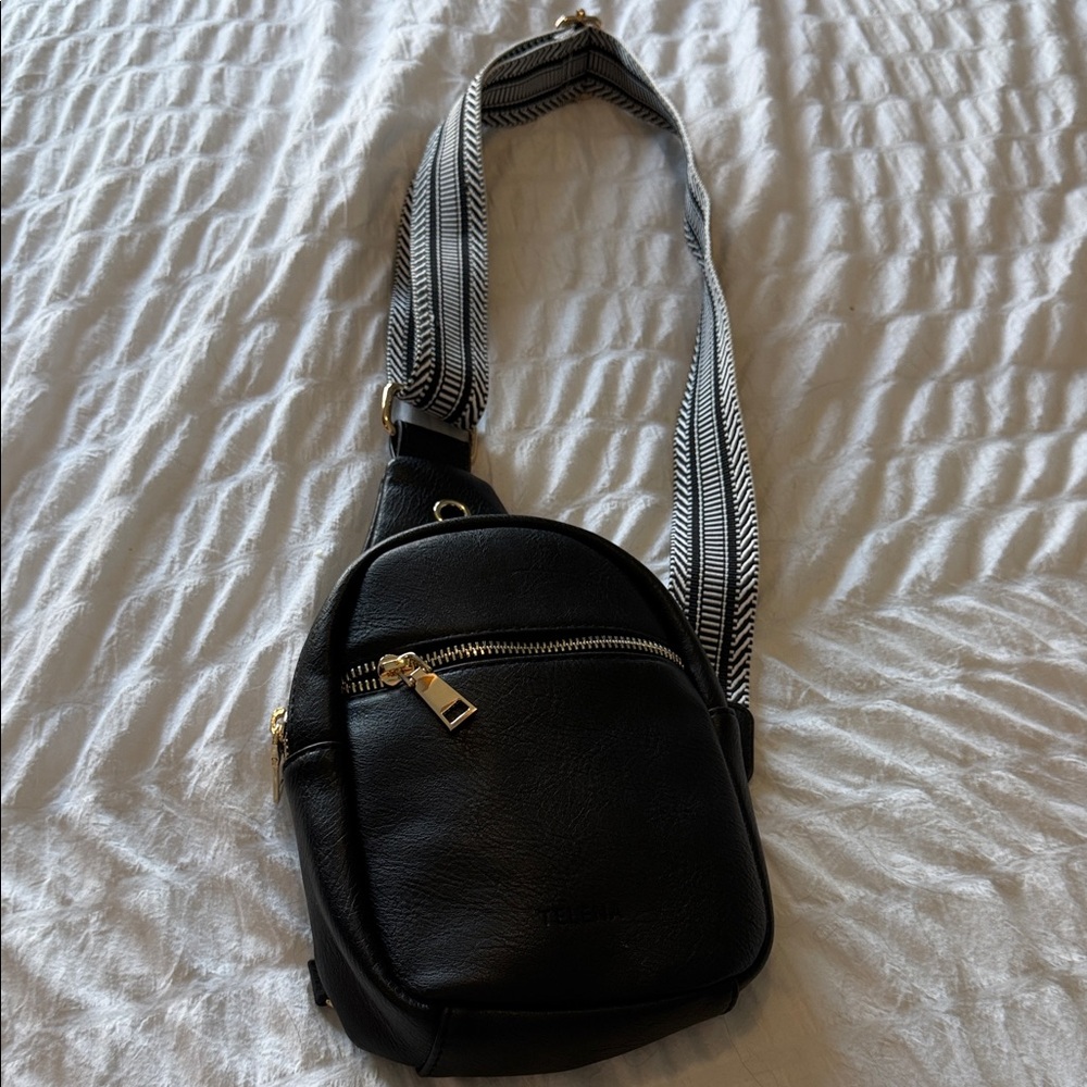 Black Crossbody Bag with Gold Accents